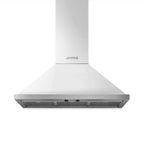 Smeg Portofino 90 cm kitchen extractor hood in white with control panel and vent, designed for modern cooking spaces.
