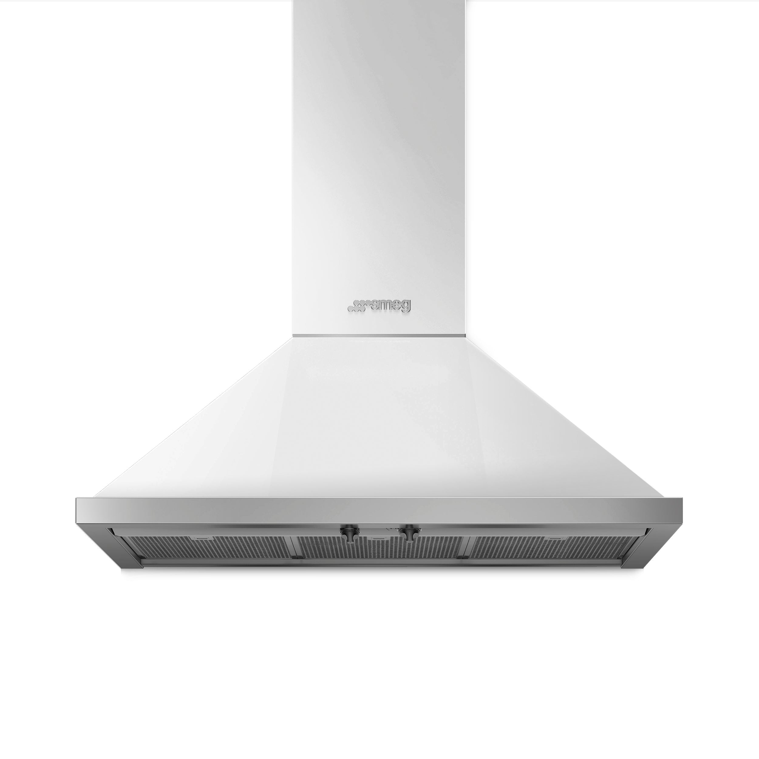 Smeg Portofino 90 cm kitchen extractor hood in white with control panel and vent, designed for modern cooking spaces.