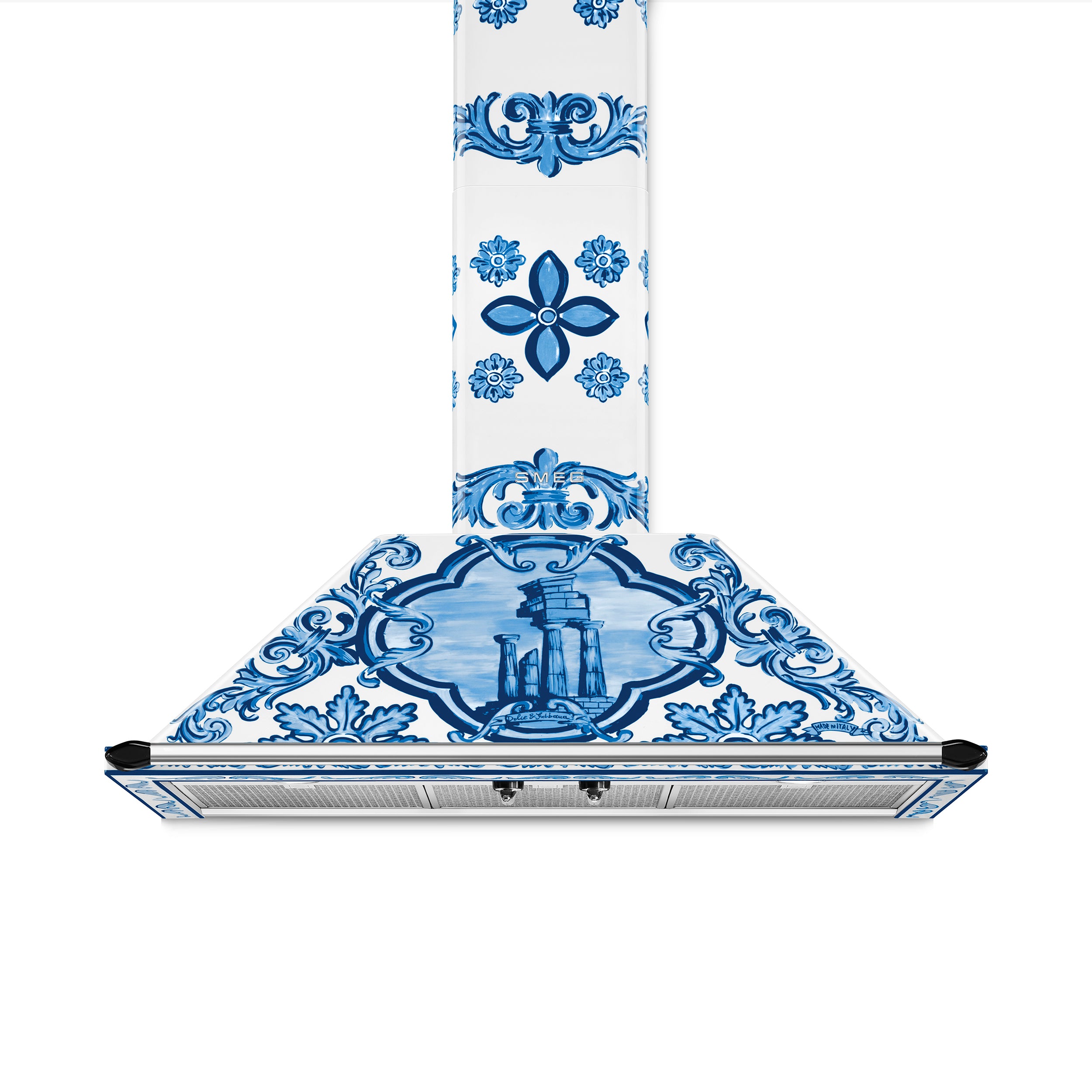 Smeg 90cm Dolce & Gabbana Blu Mediterraneo kitchen extractor fan with sleek metallic finish and Blu Mediterraneo design.
