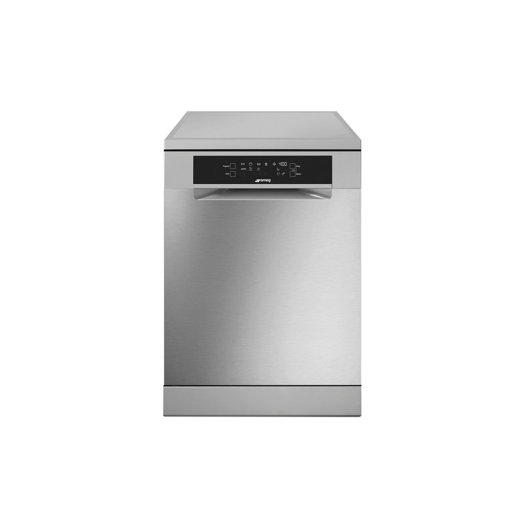 Smeg 60cm freestanding dishwasher in stainless steel with control panel and open door displaying interior racks