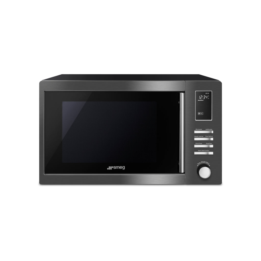 Smeg freestanding microwave oven, 60 cm wide, with digital control panel and stainless steel finish.