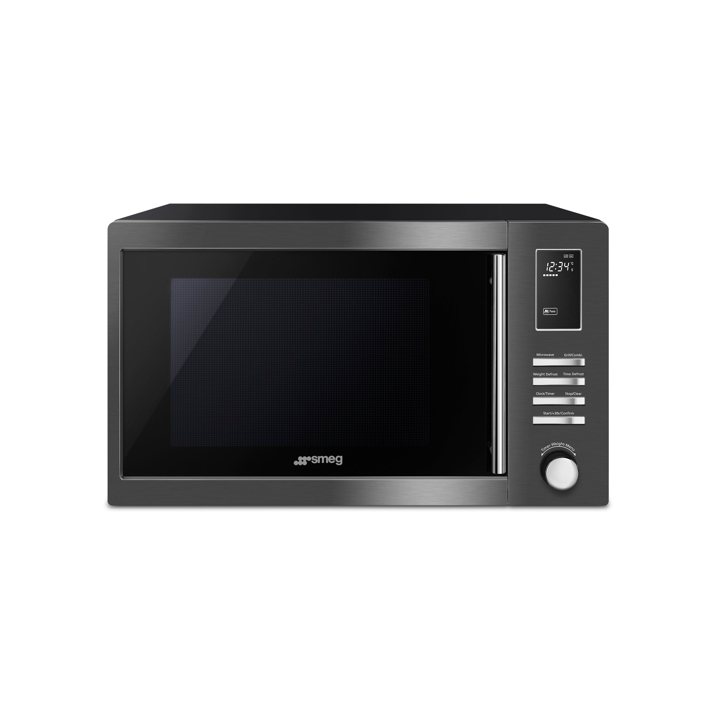 Smeg freestanding microwave oven, 60 cm wide, with digital control panel and stainless steel finish.