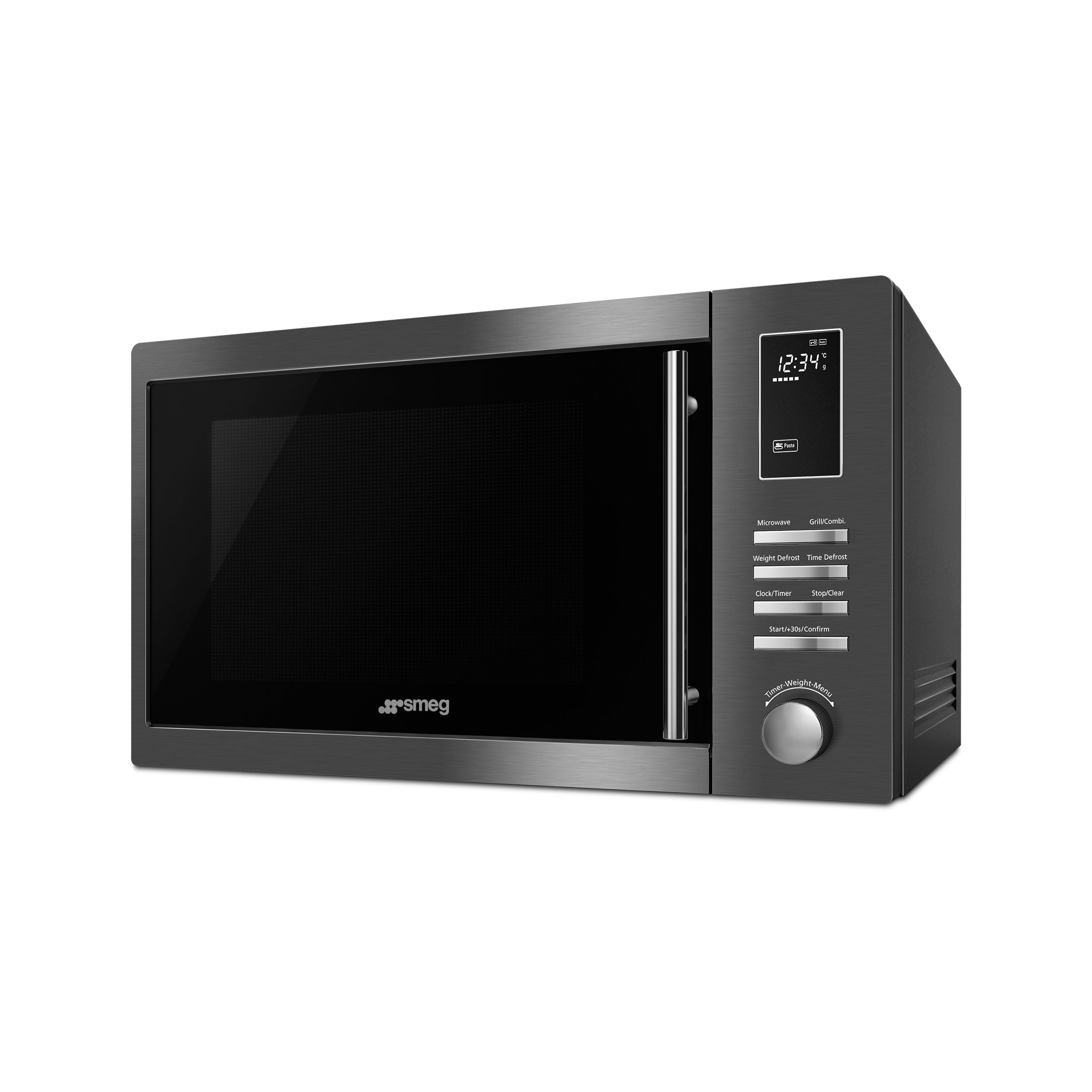 Smeg freestanding 60 cm microwave oven with stainless steel finish and digital control panel, compact kitchen appliance.