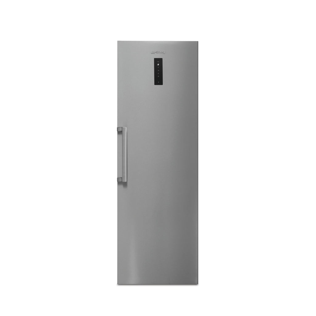 Smeg 60cm combination fridge and freezer set with sleek stainless steel finish, featuring dual doors and digital display.