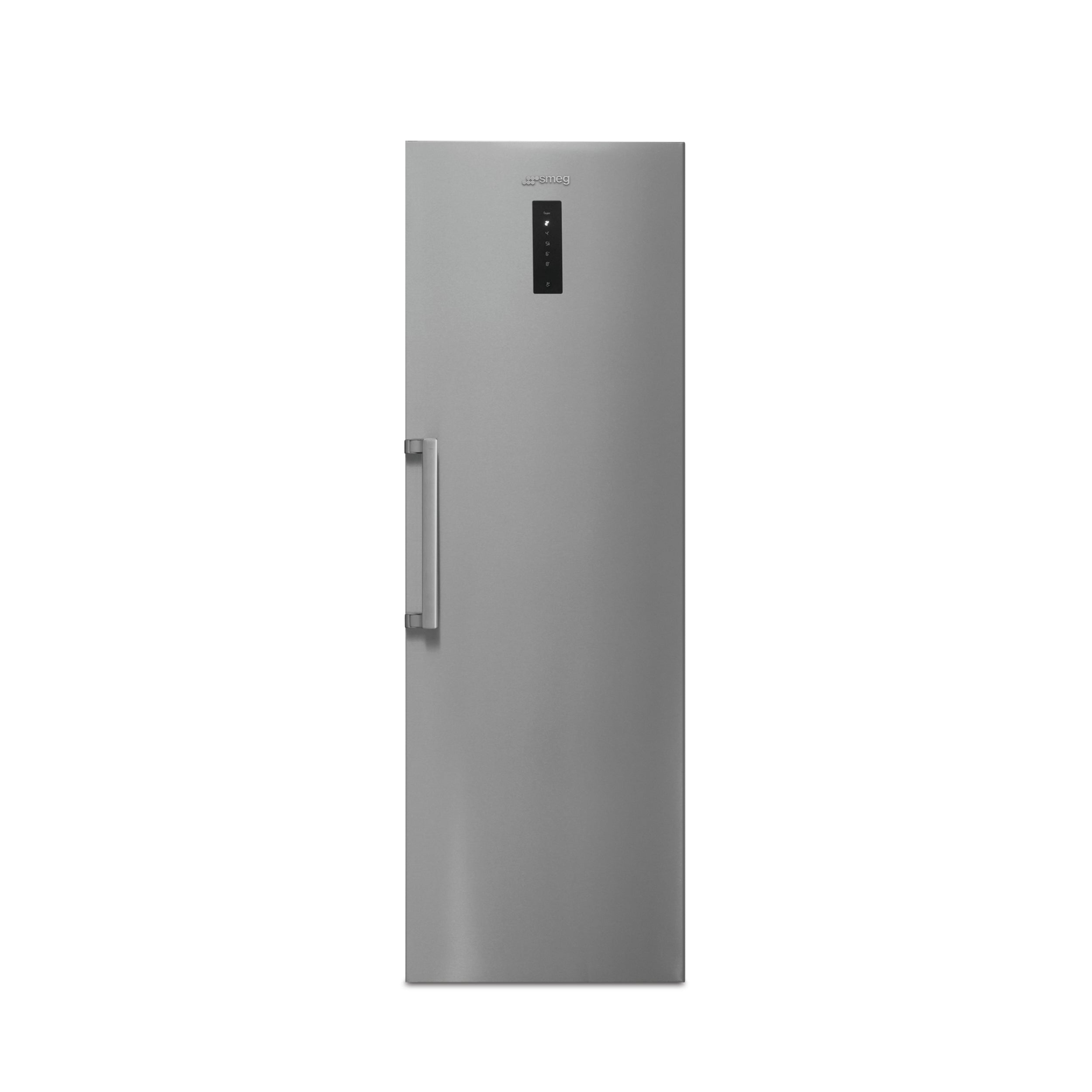 Smeg 60cm combination fridge and freezer set with sleek stainless steel finish, featuring dual doors and digital display.
