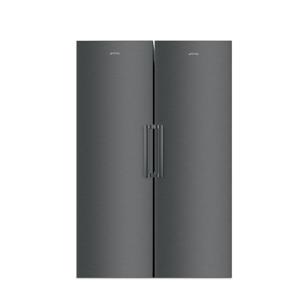 Smeg RF28KNZA fridge and RL39KNZA freezer set with stainless steel finishes, modern handles, and spacious interior storage.