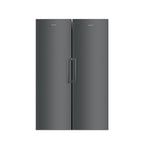 Smeg RF28KNZA fridge and RL39KNZA freezer set with stainless steel finishes, modern handles, and spacious interior storage.