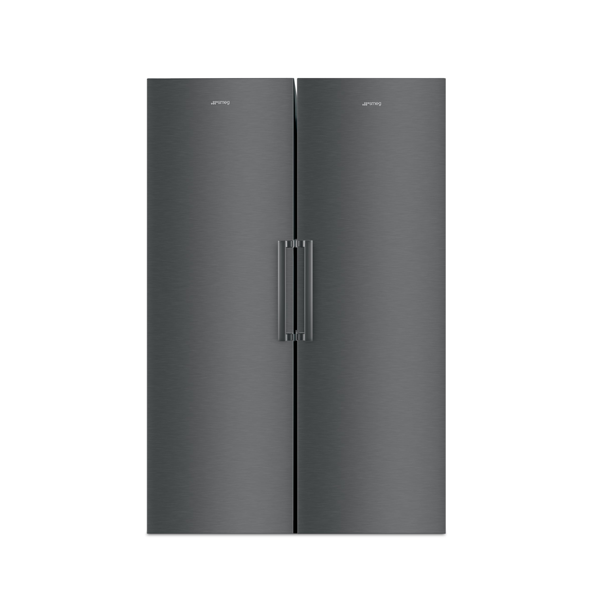 Smeg RF28KNZA fridge and RL39KNZA freezer set with stainless steel finishes, modern handles, and spacious interior storage.