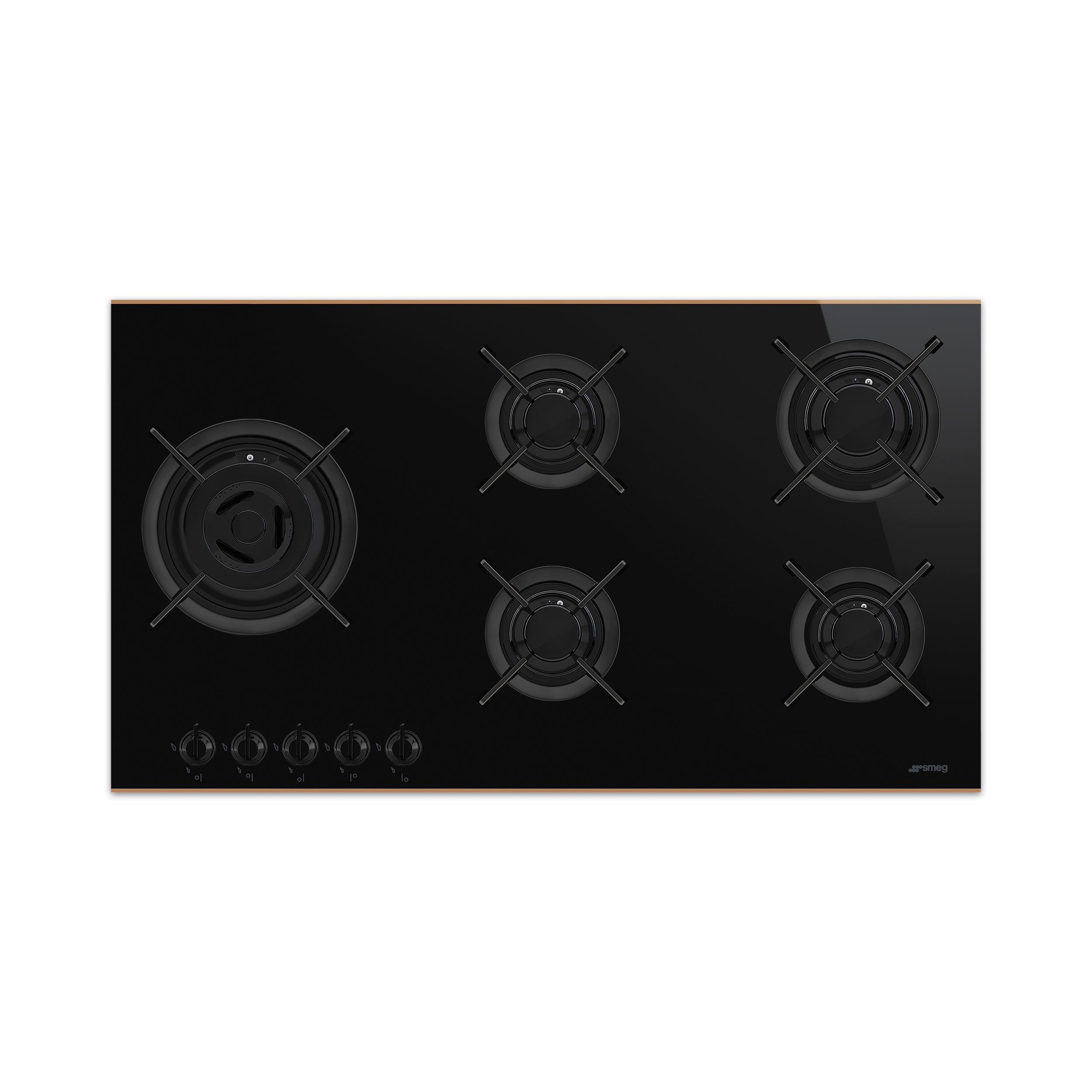 90cm Dolce Stil Novo gas-on-glass hob by Smeg with four burners and sleek black glass surface, modern kitchen appliance.