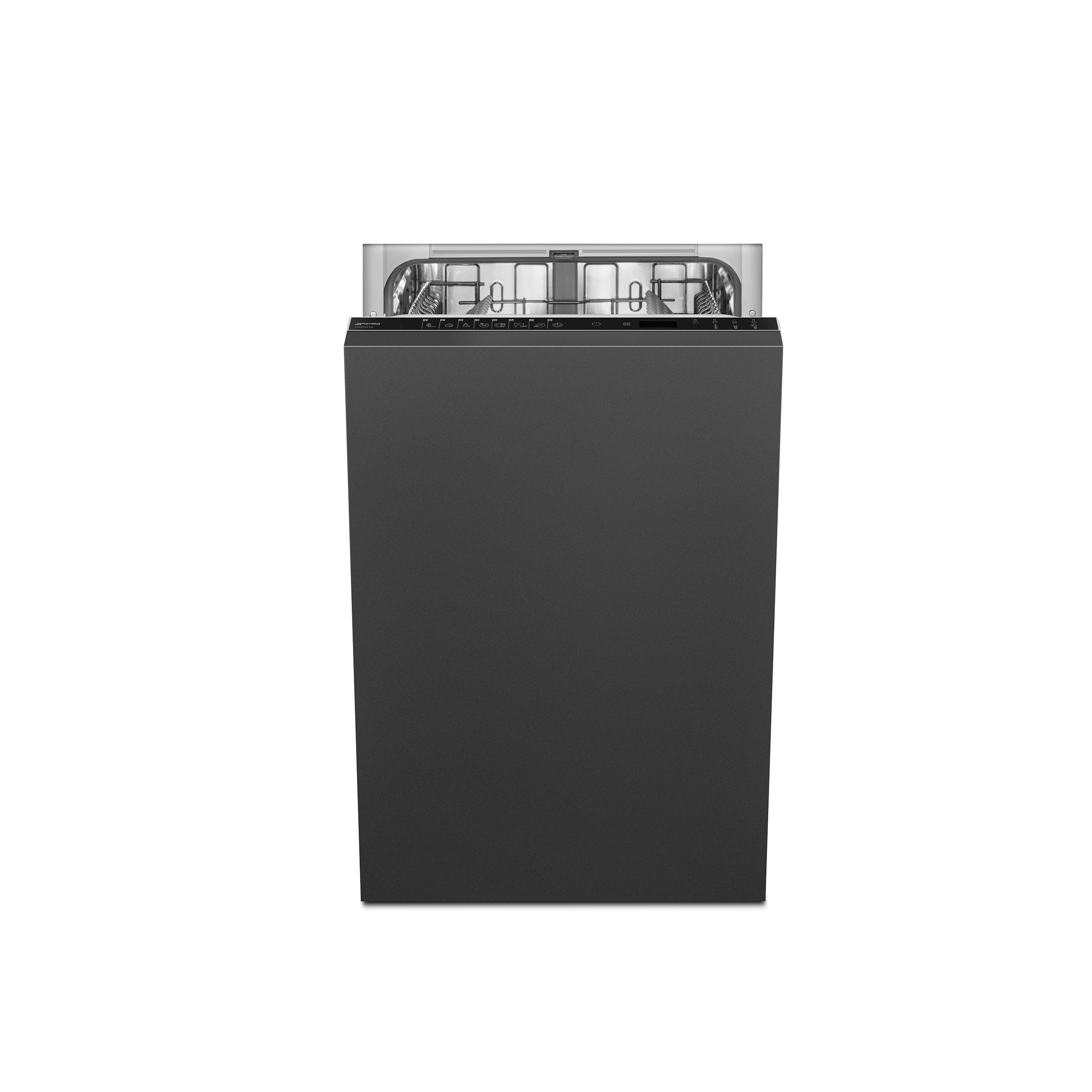 Smeg 45 cm integrated compact dishwasher with stainless steel finish, featuring control panel and handle for easy use.