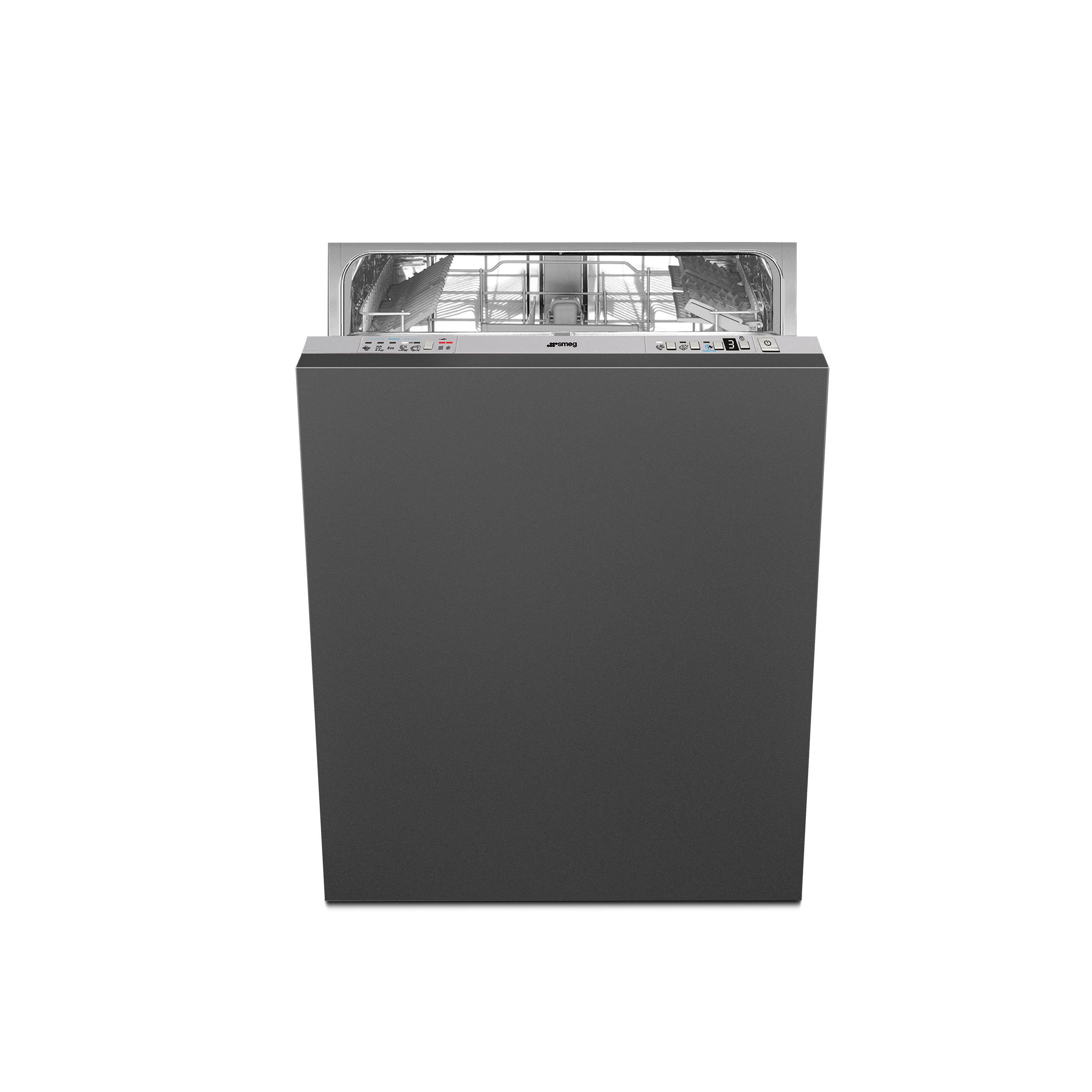 Smeg 60 cm integrated dishwasher with control panel, installed in kitchen cabinetry, sleek white finish.