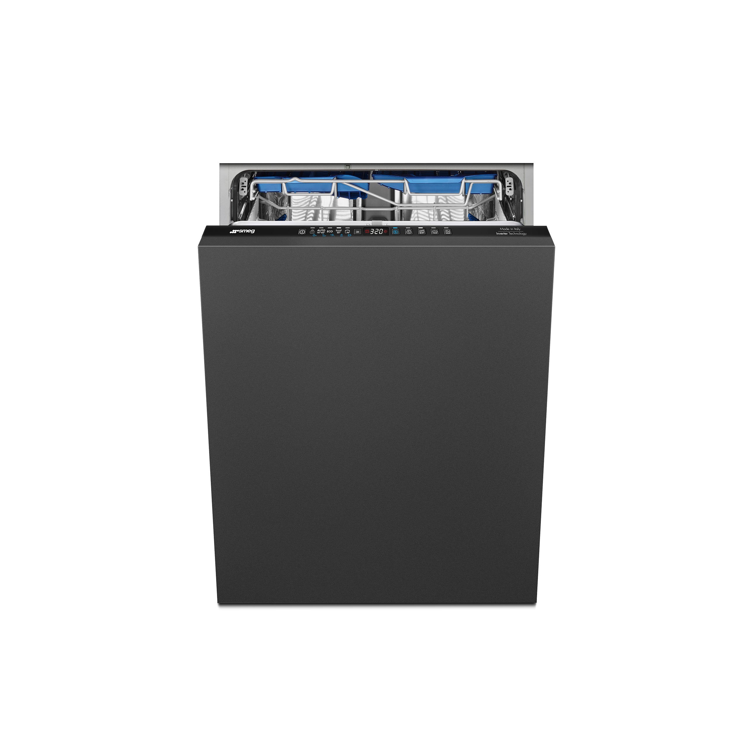 Smeg 60 cm integrated dishwasher with sleek front panel, built-in design, and control panel visible in a modern kitchen setting.
