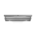 Semi-integrated telescopic extractor in stainless steel with control buttons, designed for 90 cm kitchen installation.