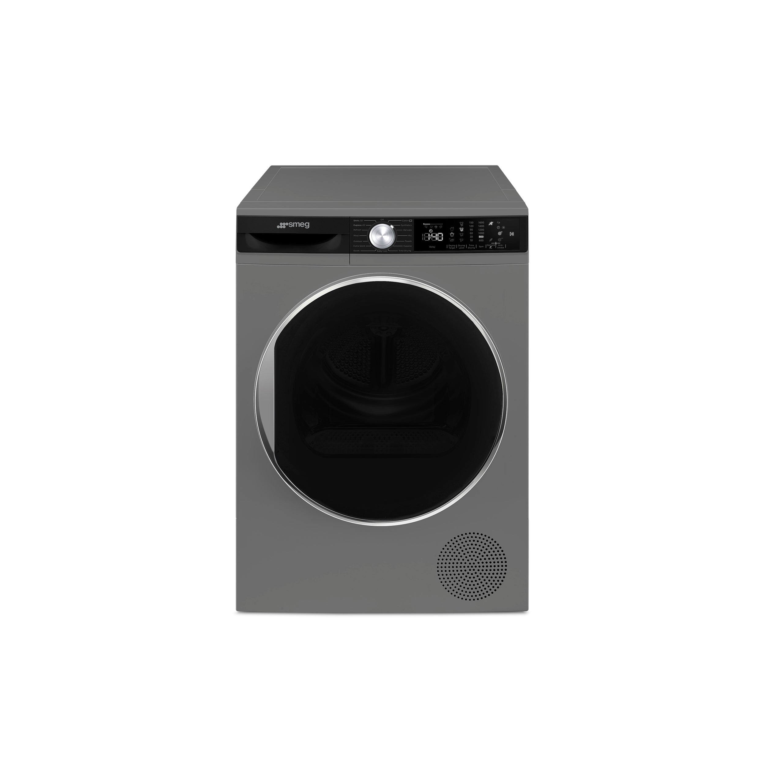 Free-standing Smeg tumble dryer, 60 cm wide, black finish, with control panel and door, designed for efficient laundry drying.