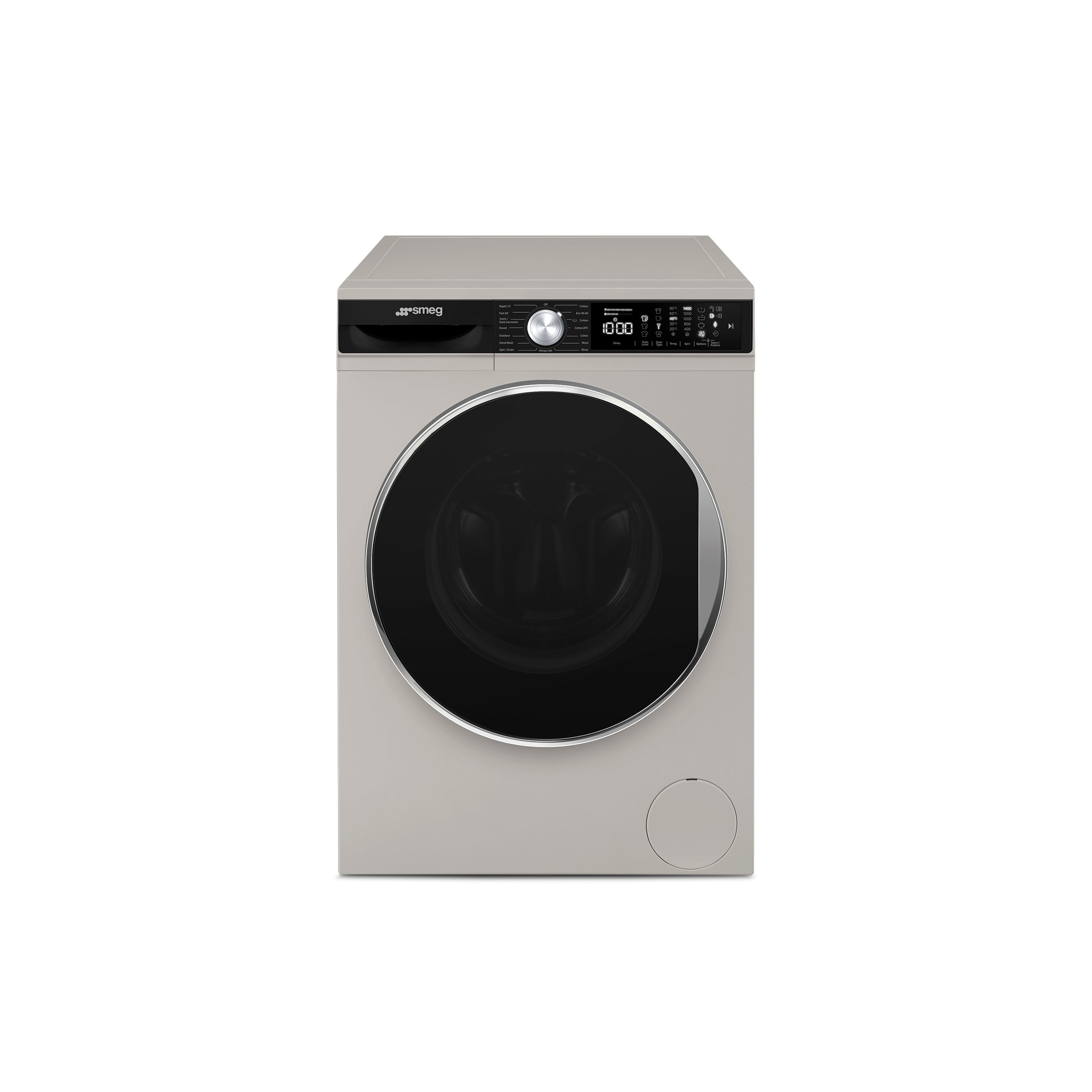 60 cm Smeg washing machine with front-loading door and digital control panel, sleek modern design for efficient laundry.