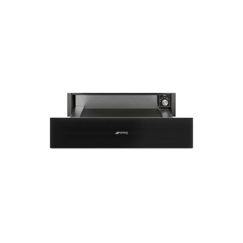 Smeg Linea Warmer Drawer in Midnight Black from The Gas Boys collection, showing the sleek, modern design and control panel.