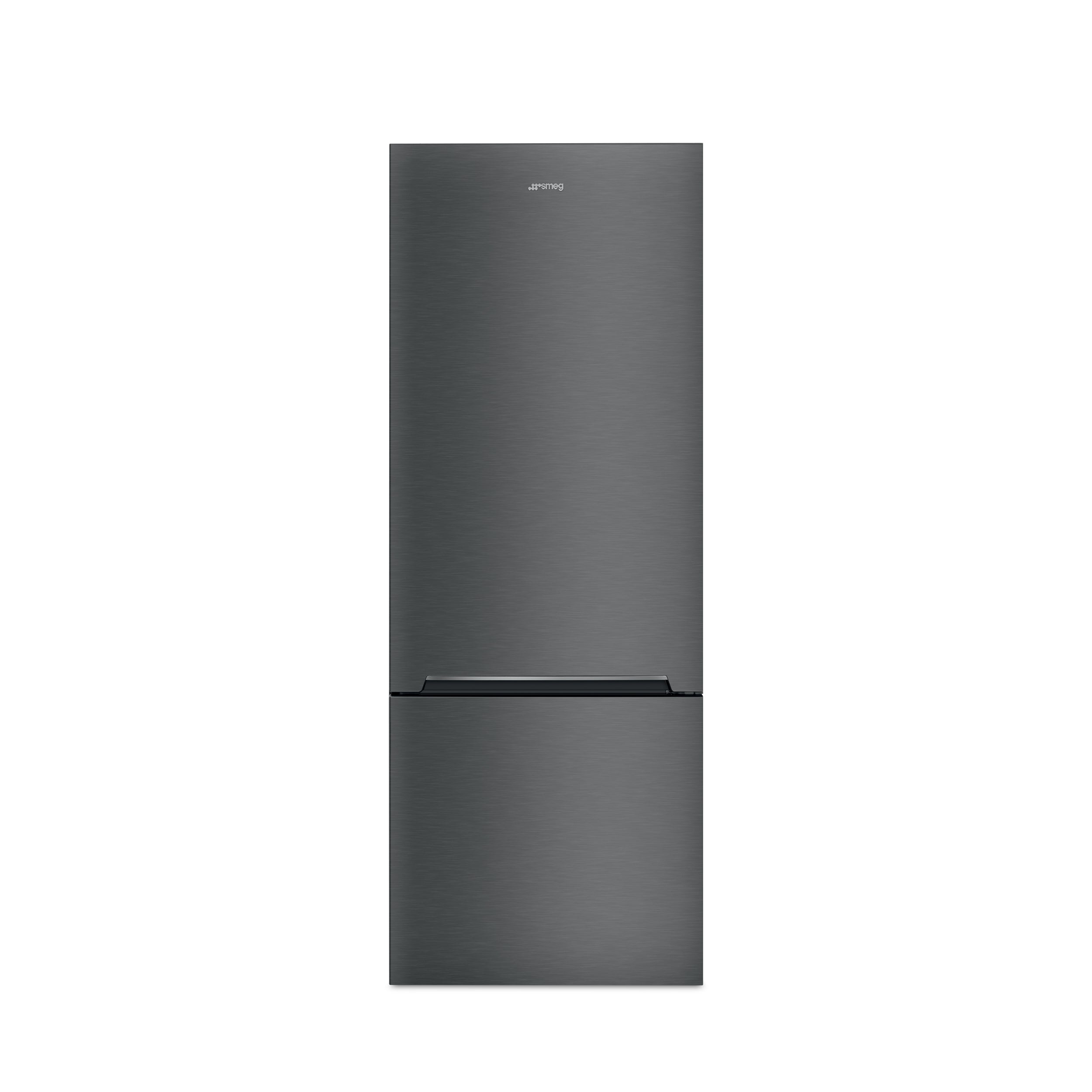 Smeg 70cm combination fridge freezer with stainless steel finish and digital control panel, featuring spacious interior storage.