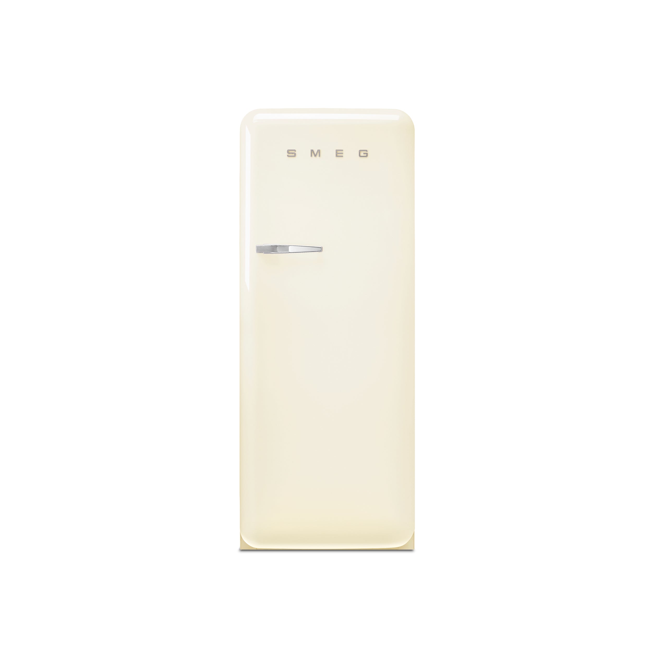 Smeg 60cm retro refrigerator in cream color with vintage-style handles and chrome accents, showcasing its classic design and interior shelves.
