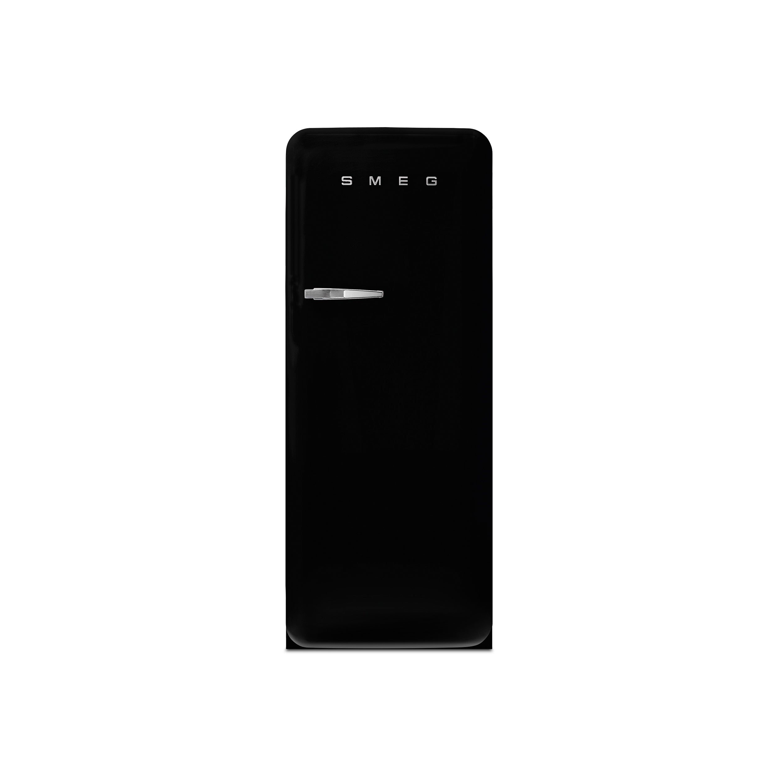 Smeg 60cm retro refrigerator with a sleek black finish, featuring vintage-inspired design and chrome handles.