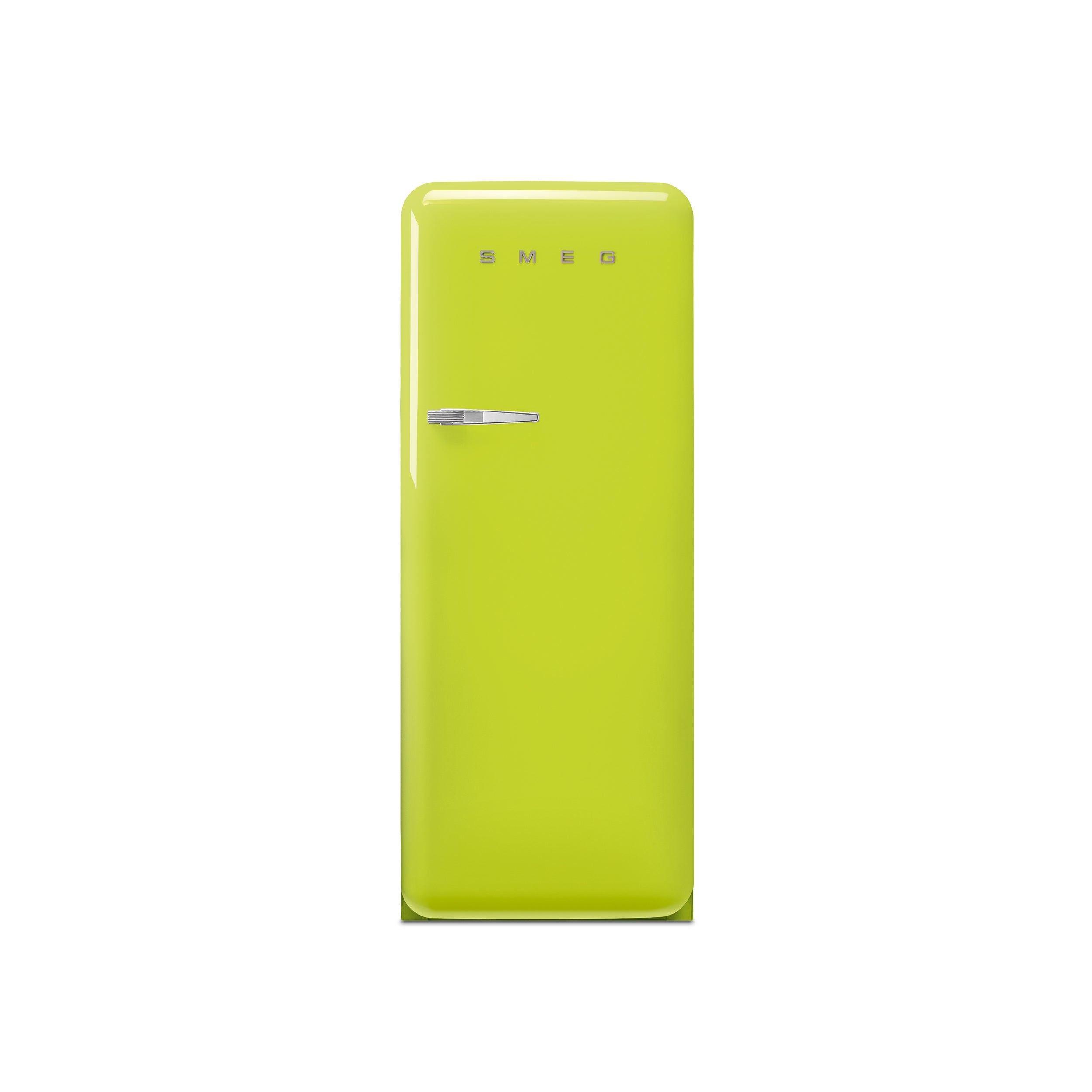 Smeg 60cm retro refrigerator in cream color with chrome handles, showcasing its vintage design and interior shelving.