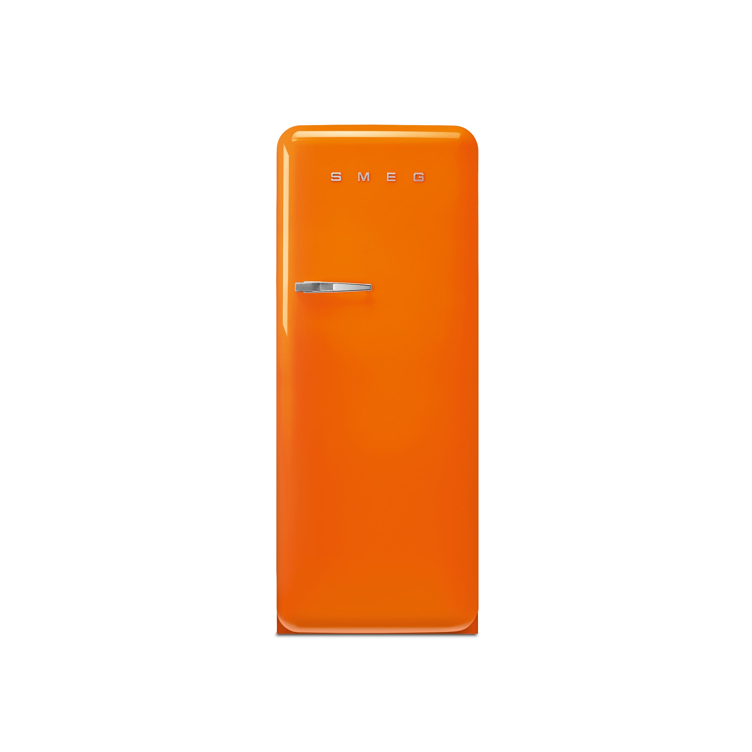 Smeg 60cm retro refrigerator in pastel pink with chrome handles and vintage design, featuring a top freezer compartment.