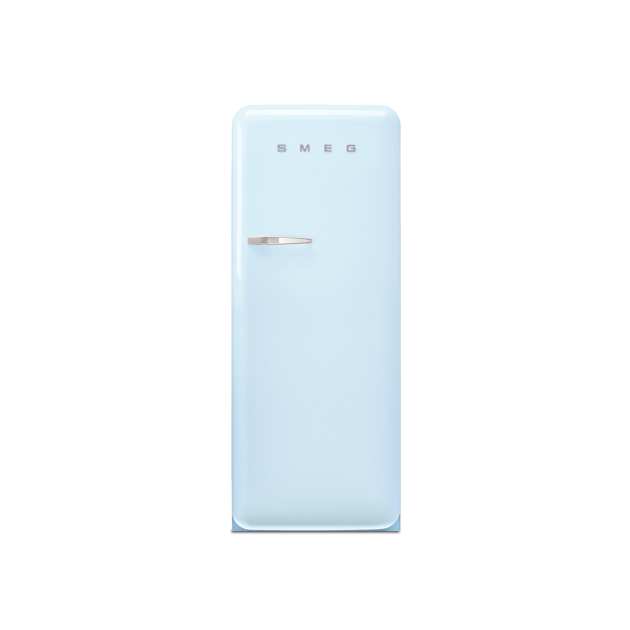 Smeg 60cm retro refrigerator in pastel pink with chrome accents, featuring a classic vintage design and two-door storage.