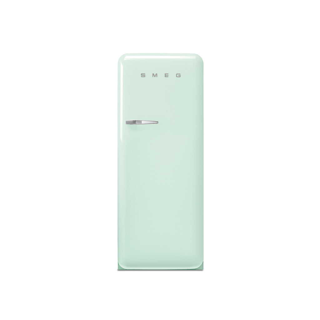 Smeg 60cm retro refrigerator with pastel pink finish and chrome handle, showcasing its vintage design and top freezer compartment.