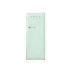 Smeg 60cm retro refrigerator with pastel pink finish and chrome handle, showcasing its vintage design and top freezer compartment.