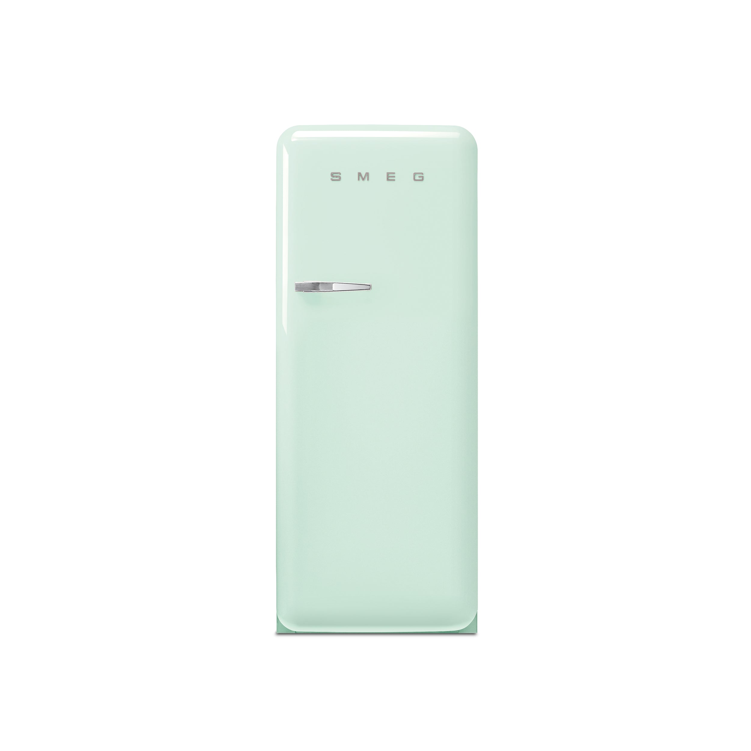 Smeg 60cm retro refrigerator with pastel pink finish and chrome handle, showcasing its vintage design and top freezer compartment.