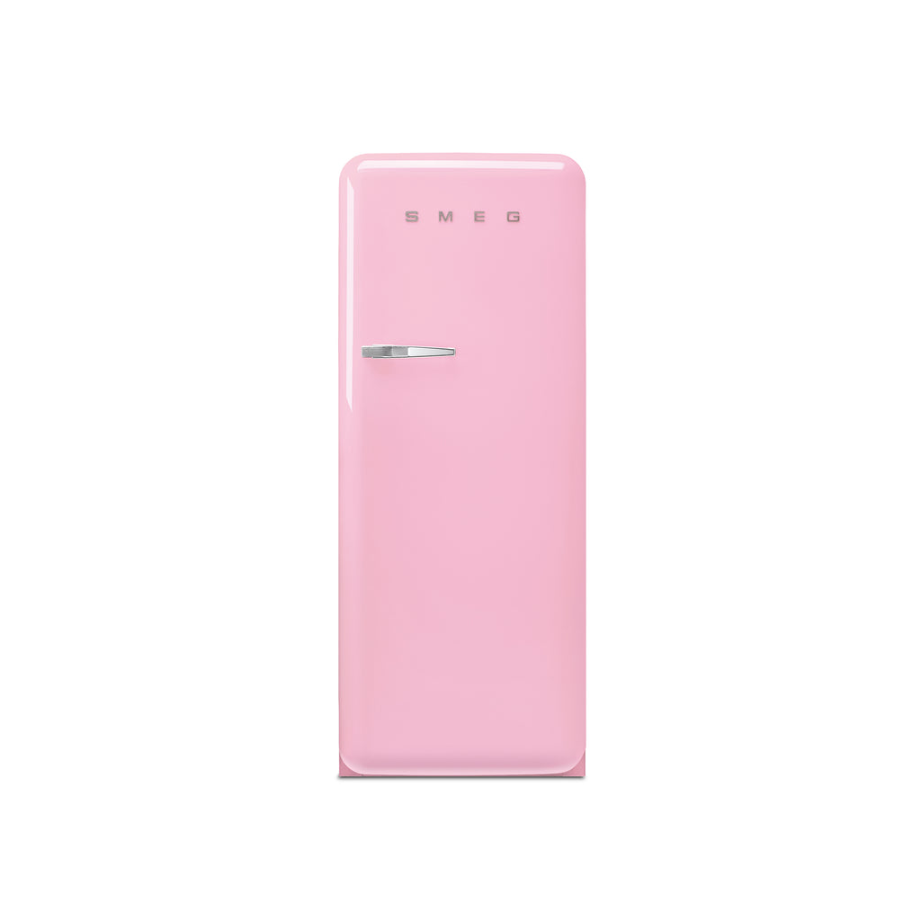 Smeg 60cm retro refrigerator in pastel pink with chrome handles and vintage design, showcasing its front view.