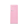 Smeg 60cm retro refrigerator in pastel pink with chrome handles and vintage design, showcasing its front view.
