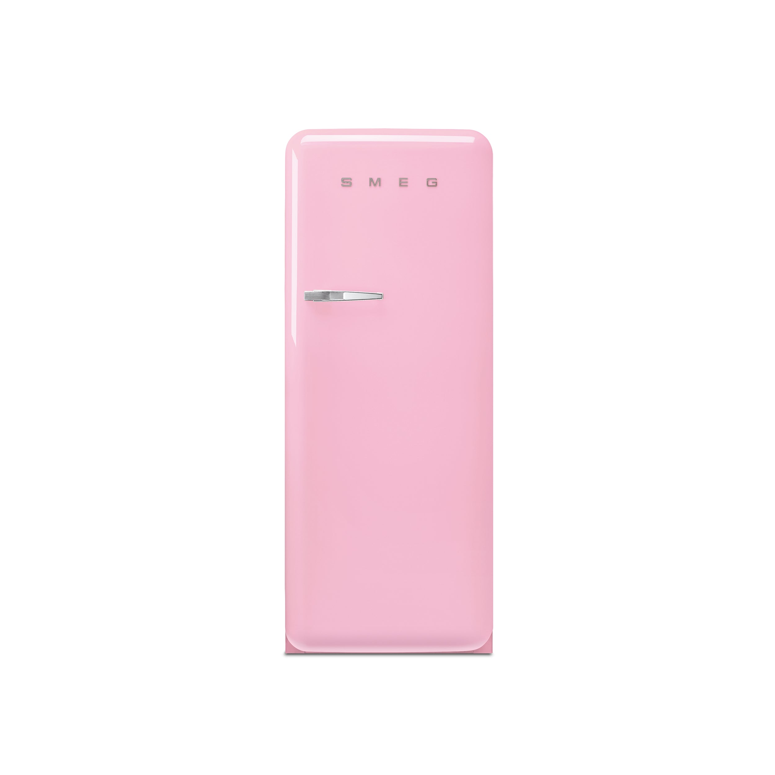Smeg 60cm retro refrigerator in pastel pink with chrome handles and vintage design, showcasing its front view.