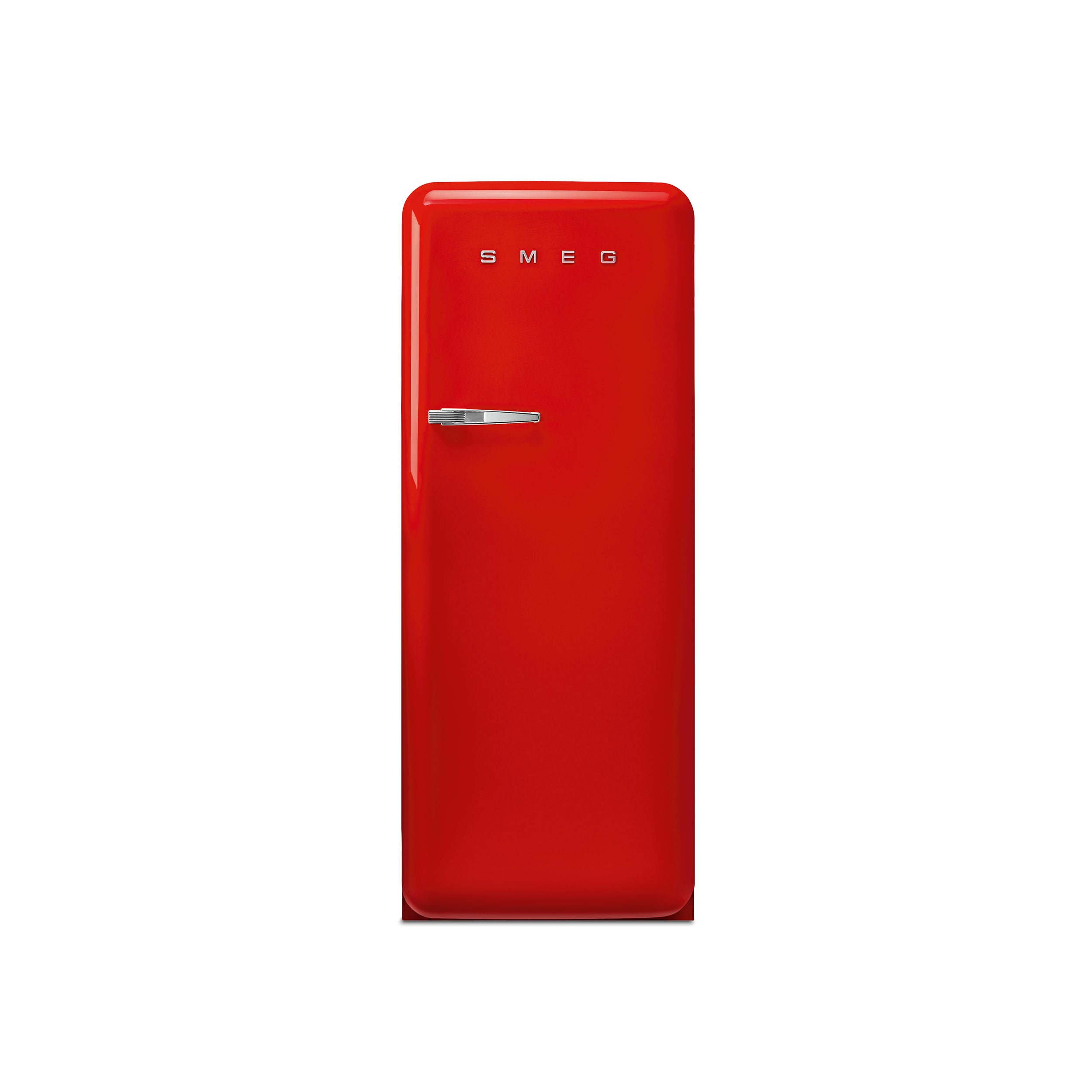 Smeg 60cm retro refrigerator with a vibrant red finish and chrome handle, featuring a classic design by Smeg.