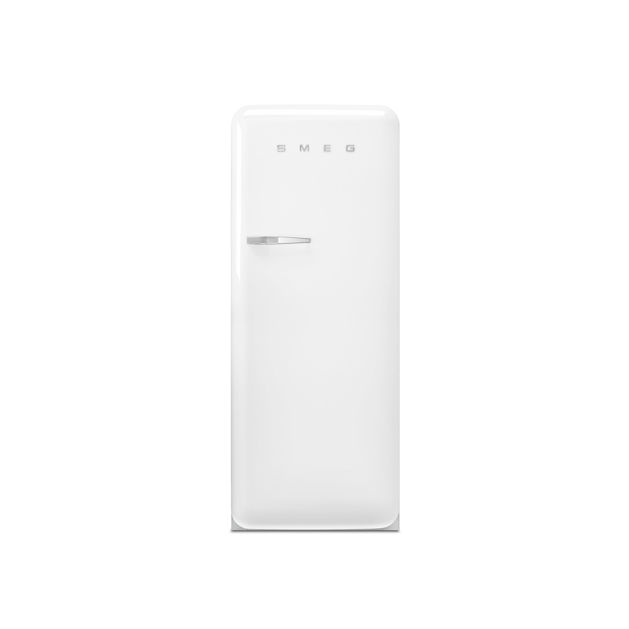 Smeg 60cm retro refrigerator in white with chrome accents, showing the front view with handles and vintage design details.