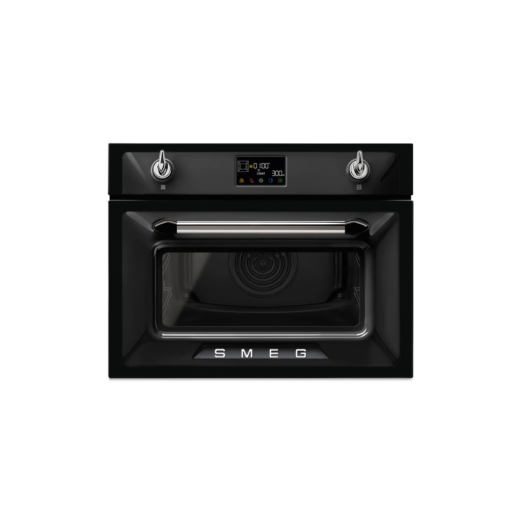 Smeg Victoria 60x45cm microwave oven with stainless steel finish, digital control panel, and compact design.