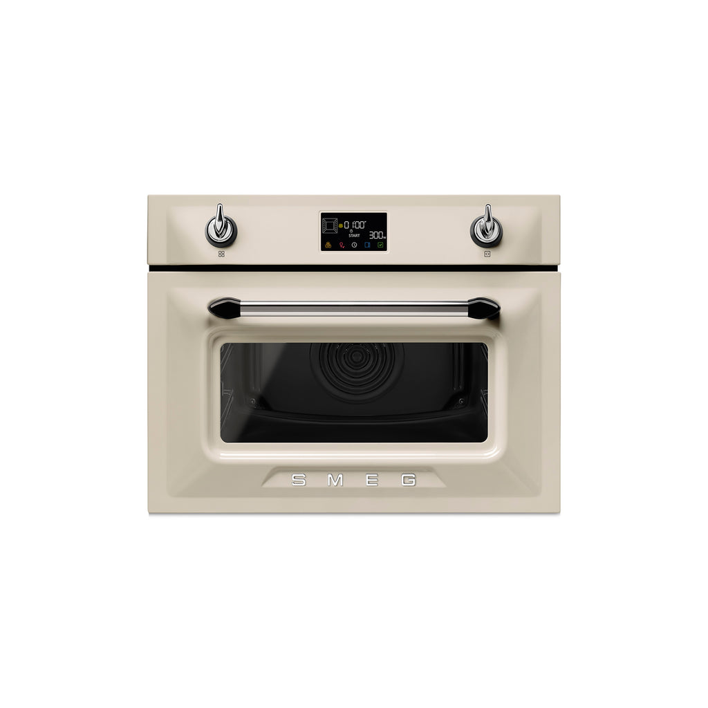 Smeg Victoria 60x45cm microwave oven with digital control panel and stainless steel finish, compact kitchen appliance.