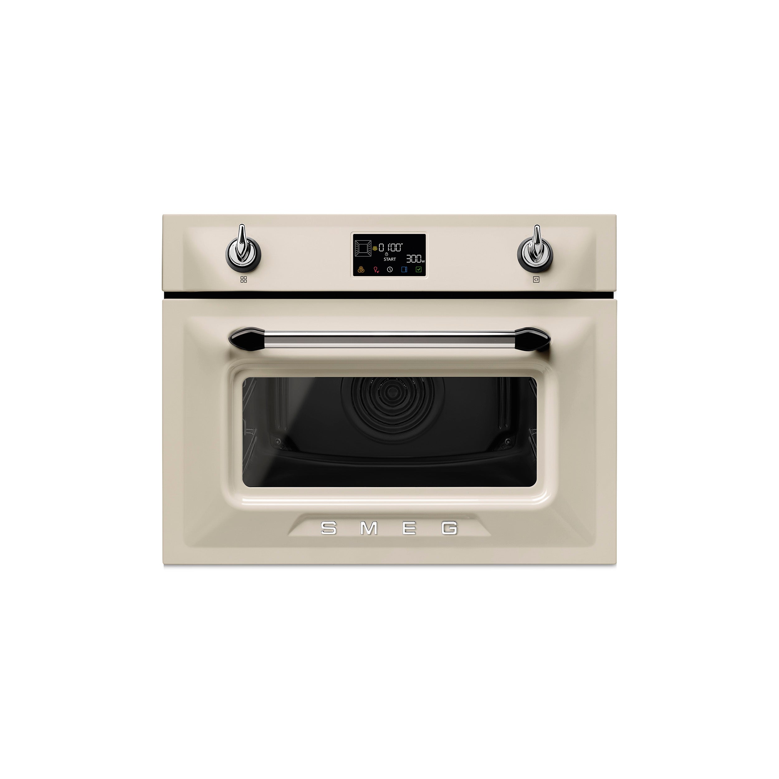 Smeg Victoria 60x45cm microwave oven with digital control panel and stainless steel finish, compact kitchen appliance.