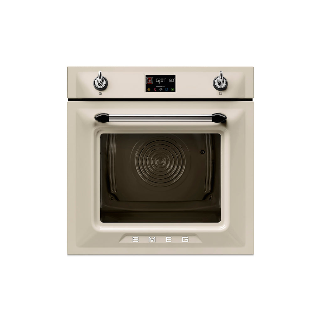 Smeg Victoria 60cm steam oven in stainless steel with control panel and digital display, installed in modern kitchen setting.