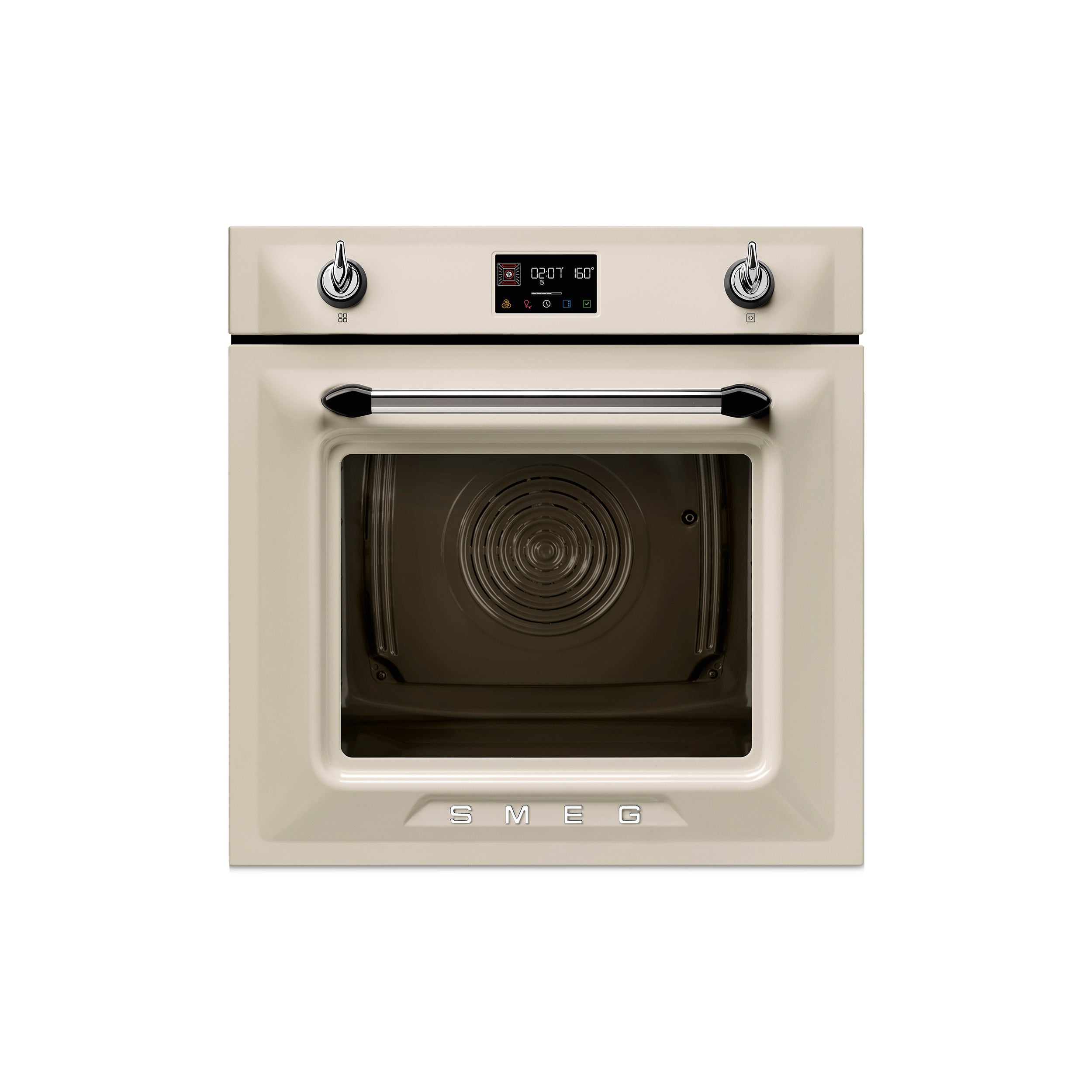 Smeg Victoria 60cm steam oven in stainless steel with control panel and digital display, installed in modern kitchen setting.