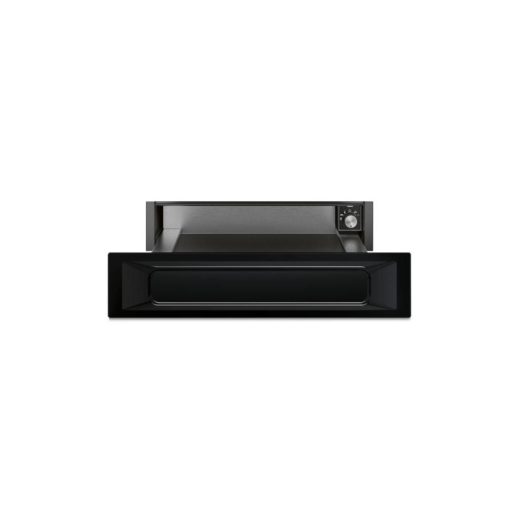 Smeg Victoria 60x15cm warmer drawer in stainless steel with control panel, designed for kitchen convenience and style.