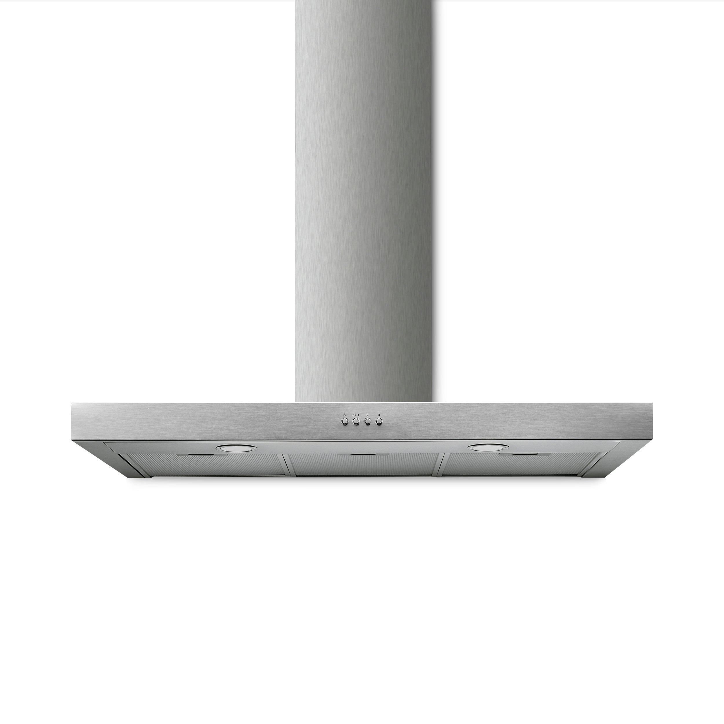 Wall mounted extractor hood in stainless steel, 90 cm size, designed for efficient kitchen ventilation, from Smeg.